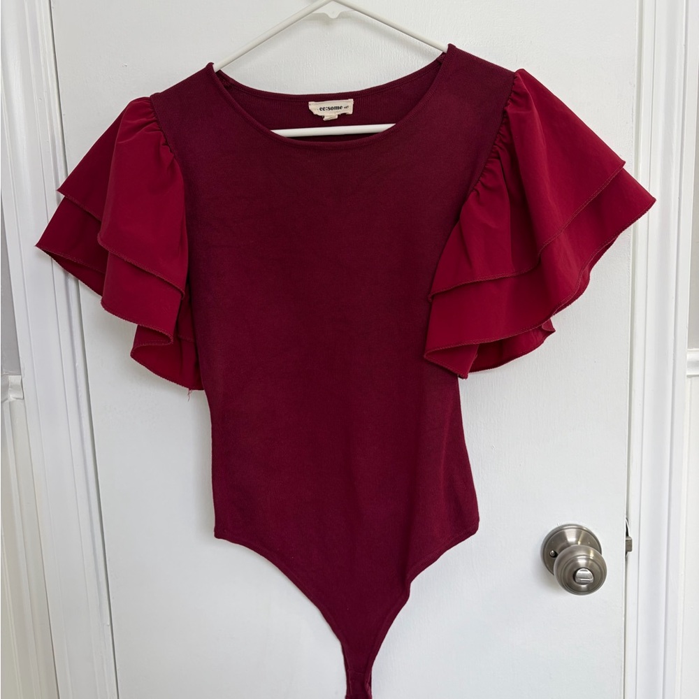 Elegant Ruffled Sleeve Burgundy Bodysuit